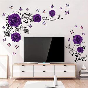 Purple Rose Wall Stickers Rose Flower Vine Wall Decal Purple Peony Floral